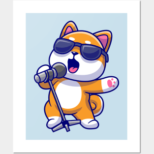 Cute Shiba Inu Dog Singing Cartoon Posters and Art